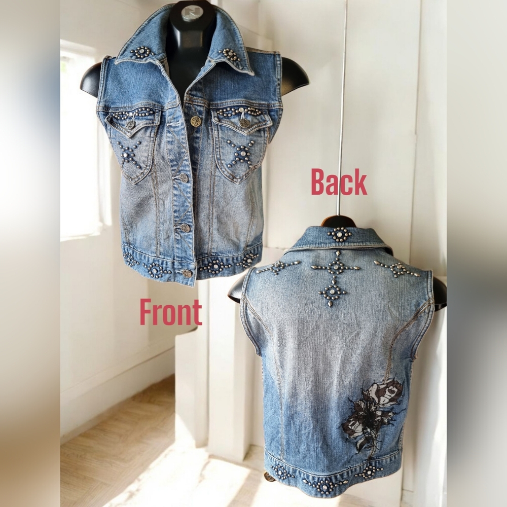 Vintage Studded Denim Embroidered Vest with Embellishments Girls Sz M